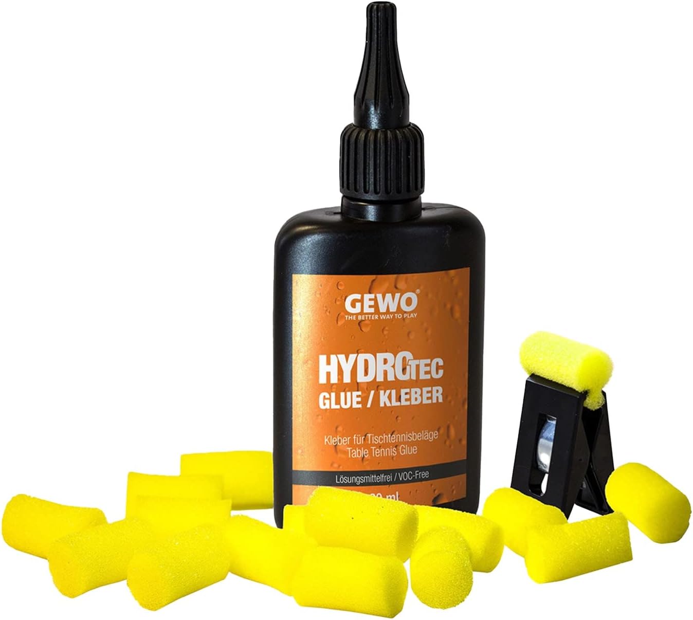 GEWO HydroTec Water Based Table Tennis Glue - ITTF Approved Pad Adhesive for Table Tennis Bats, Solvent-free Adhesive for All TT Surfaces, with Clamp and Applicator Sponges, 90 ml