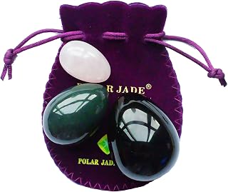Pelvic Muscle Training Yoni Eggs 3-pcs Set with 3 Sizes and 3 Gemstones Non-drilled with Certificates & Instructions, Made of Nephrite Jade, Rose Quartz and Obsidian, for Pelvic Floor Muscles Training, Polar Jade