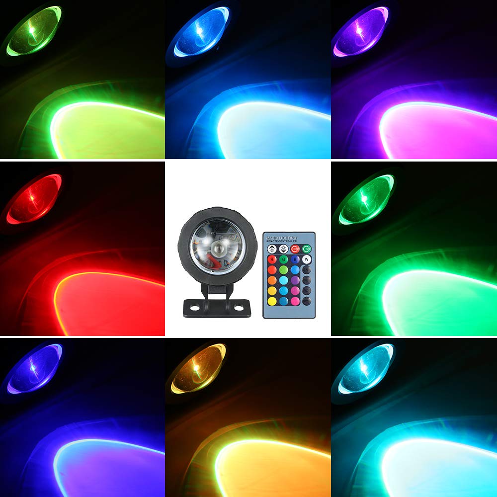 Amazon.com: Submersible Led Lights 12V 10W RGB LED Underwater Light with  Remote Control 16 Colors Changing 4 Lighting Effects IP68 Water Proof for  Pool Aquarium Pond Spray Fountain : Patio, Lawn & Garden