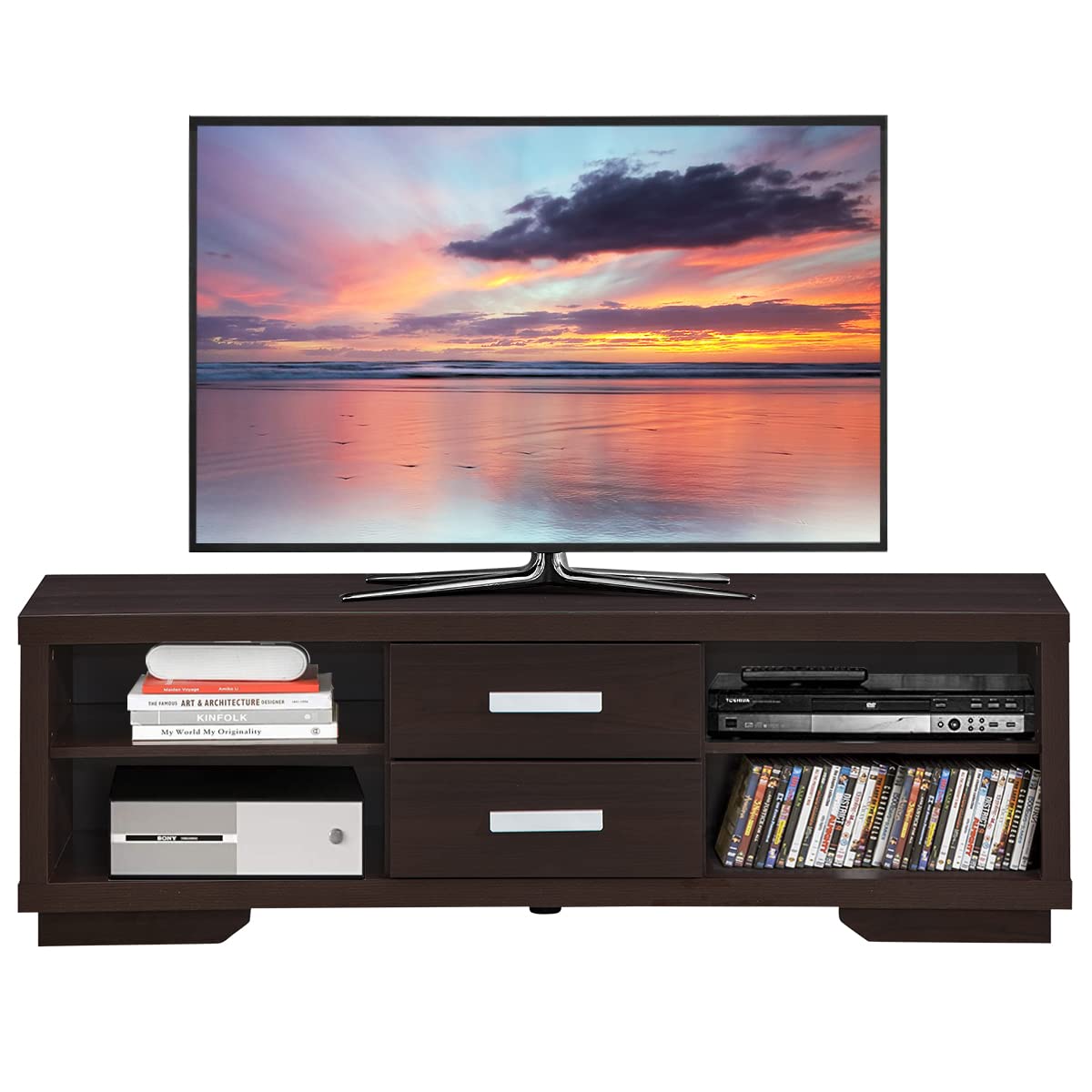 GLOBALWAYTV Stand for up to 65” Flat Screen TVs, Entertainment Center w/ 4 Storage Shelves & 2 Drawers, Modern Media Console Table with 4 Cable Management Holes, for Living Room Bedroom, Brown
