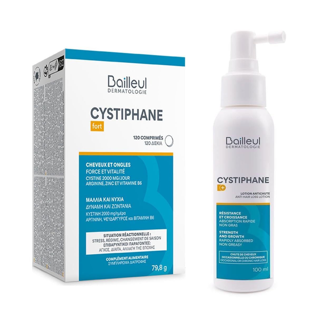 Bailleul | Zestaw do utraty włosów i paznokci, Cystiphane Fort Food Supplement Box lub 120 tabletek + Cystiphane+ balsam przeciw wypadaniu włosów, 100 ml