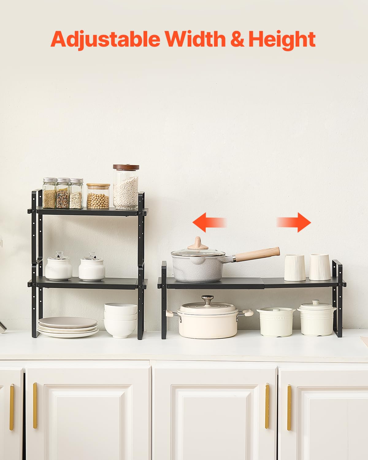 VEVOR Organizzatore per Ripiani Regolabili per Mobili, Ripiano Espandibile a 2 Livelli di Stoccaggio per Dispensa, Organizzatore Impilabili da Banco per Cucina, Bagno, Nero 650x220x500 mm
