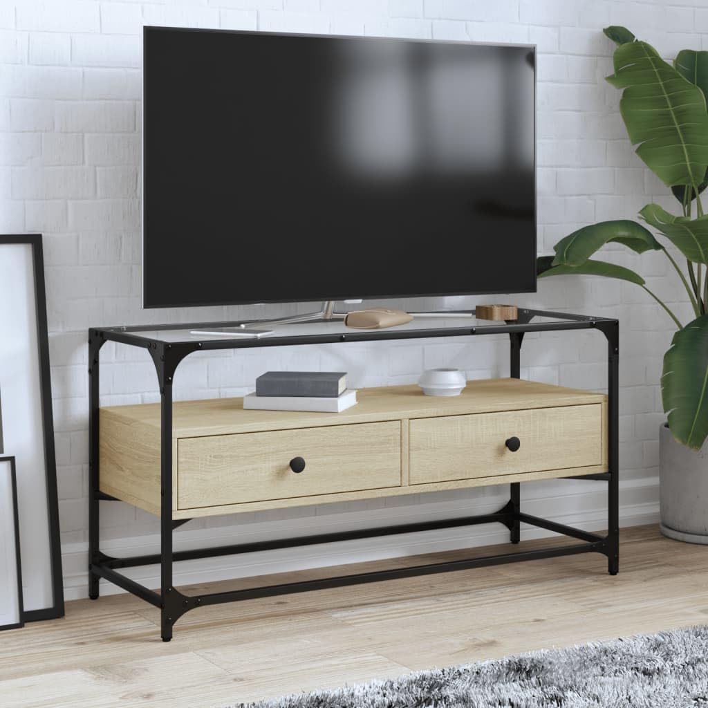 Mobile TV con ripiano in vetro, rovere Sonoma, 98 x 35 x 51 cm, in legno, con cassetti e spazio portaoggetti, moderna credenza per soggiorno, salvaspazio, con ripiano e ripiano