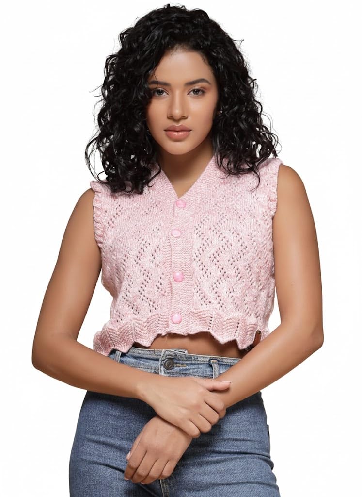 Handmade Pink Blouse V-Neck Self Design Women's Cardigan | Woollen Knitted Sweater for Winter | Soft Warm Top for Girls & Ladies | Casual Woolen Knit Top-image-25