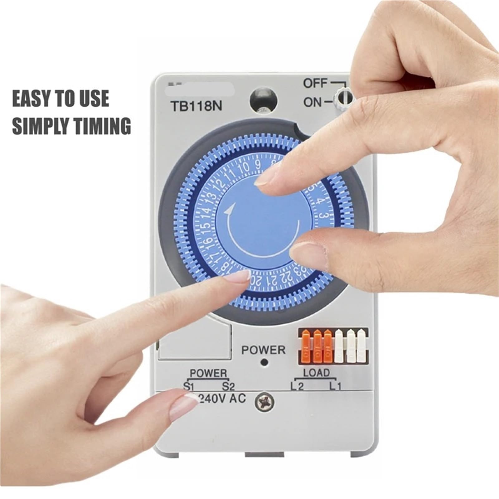 Interruptor Temporizador mecánico TB118N de 100-240 V CA, 50-60 Hz, for riel DIN, Resistente al Agua, con Cubierta Protectora de plástico Transparente y batería.