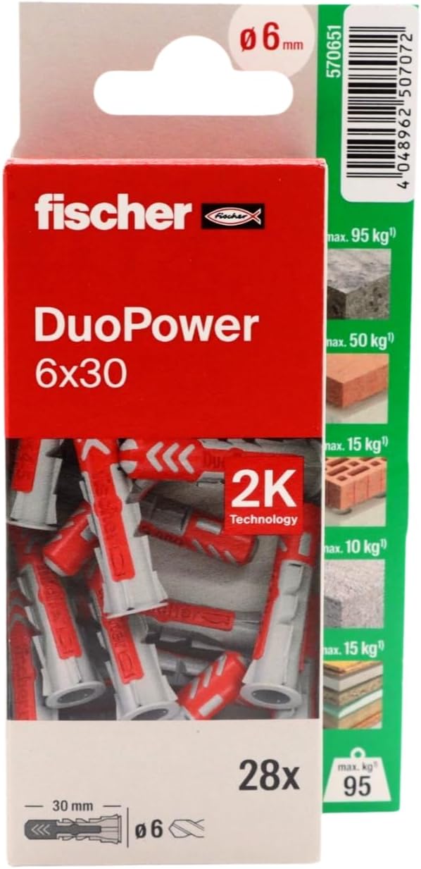 fischer - Duopower 6 x 30-28U Wall Anchors Various Materials Suitable for Hanging Bicycles, Pictures, Cabinets, TV Brackets, Shelves, Furniture