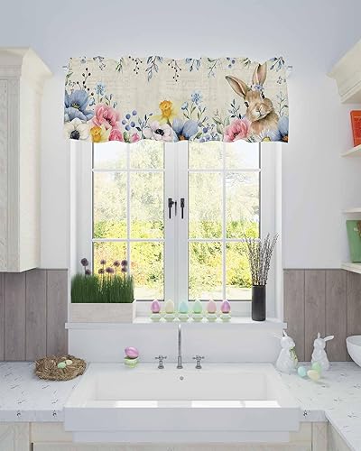 Miniatura 2 de Cenefa de Pascua para ventanas, cortinas florales de conejo, cenefas divertidas con bolsillo para barra, cortinas cortas de primavera para cocina,