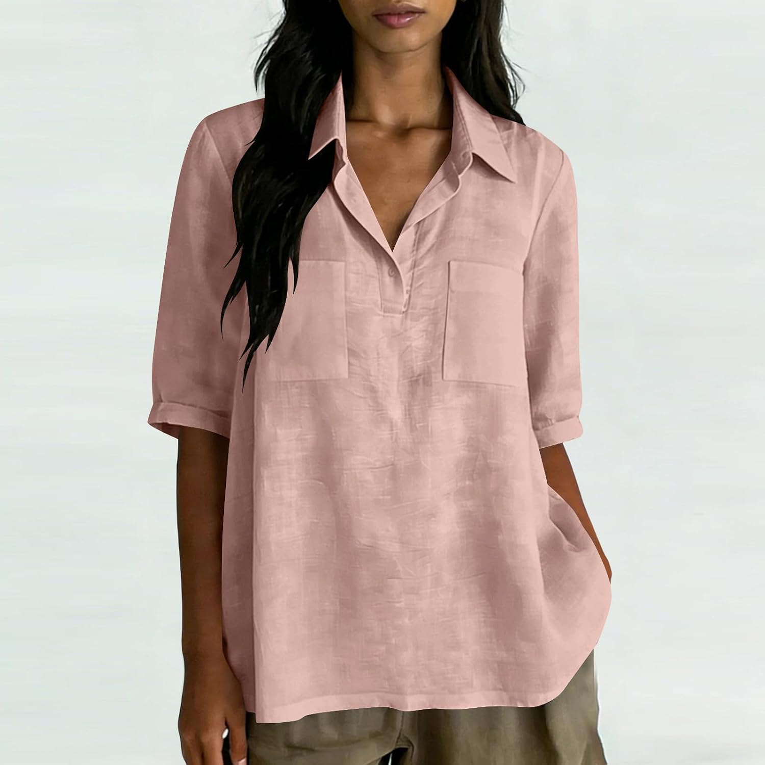 Women Summer Gauze Shirts V Neck Casual Cotton Linen Blouses 2026 Ladies Short Sleeve Tops Breathable Lapel Tee