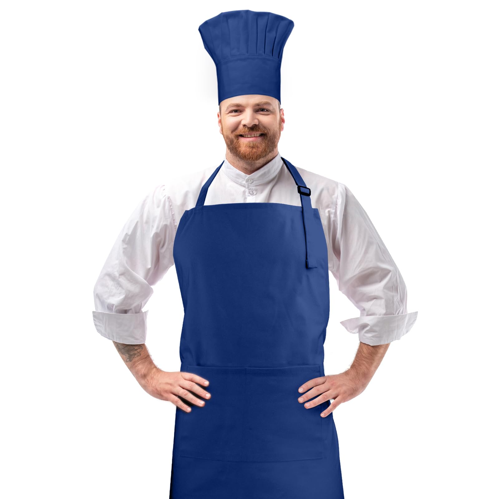 Juego de delantal y sombrero de chef, 2 bolsillos ajustables de algodón, delantal de cocina, disfraz de panadero para hombres y mujeres