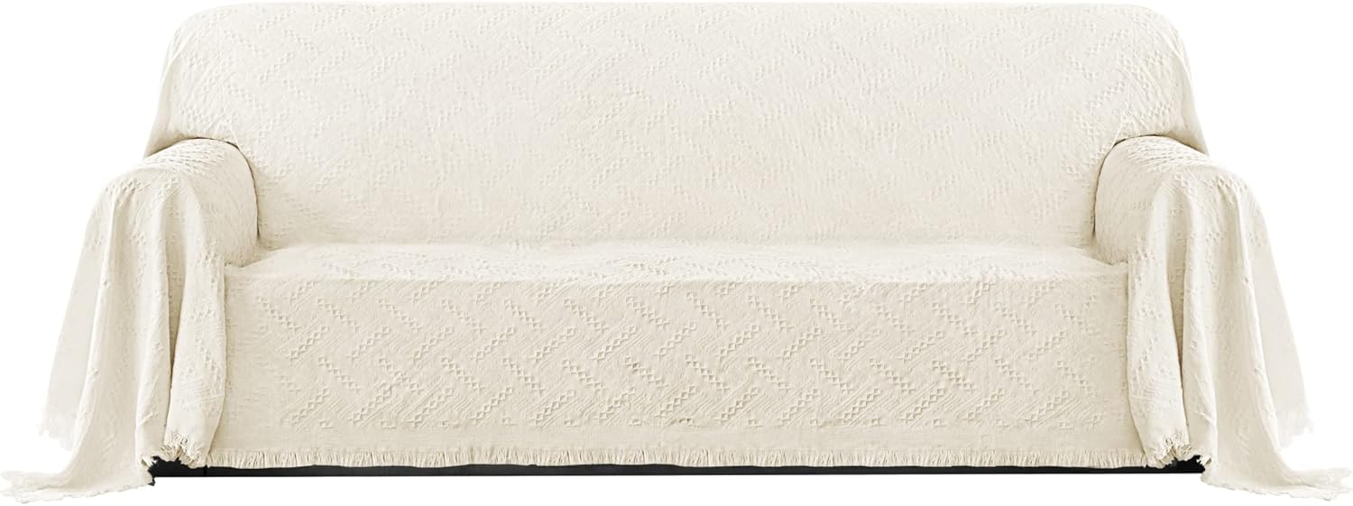 PureFit Geometric Jacquard Throw Sofa Cover - Textured Soft Washable Decorative Couch Covers for 3 Cushion Couch, Throw Cover with Tassels Furniture Protector for Pets, Kids (Large, Ivory)