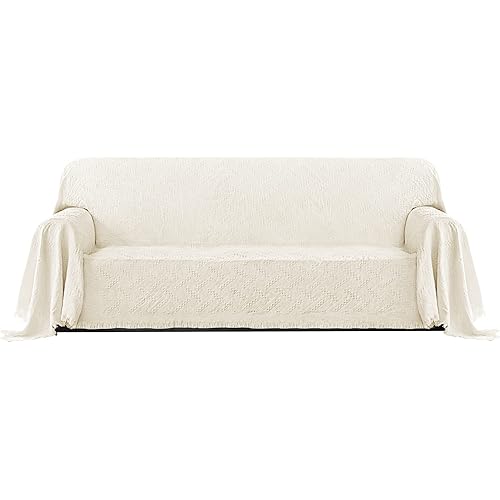 PureFit Geometric Jacquard Throw Sofa Cover - Textured Soft Washable Decorative Couch Covers for 3 Cushion with Tassels Furniture Protector for Pets, Kids (X-Large, Ivory)