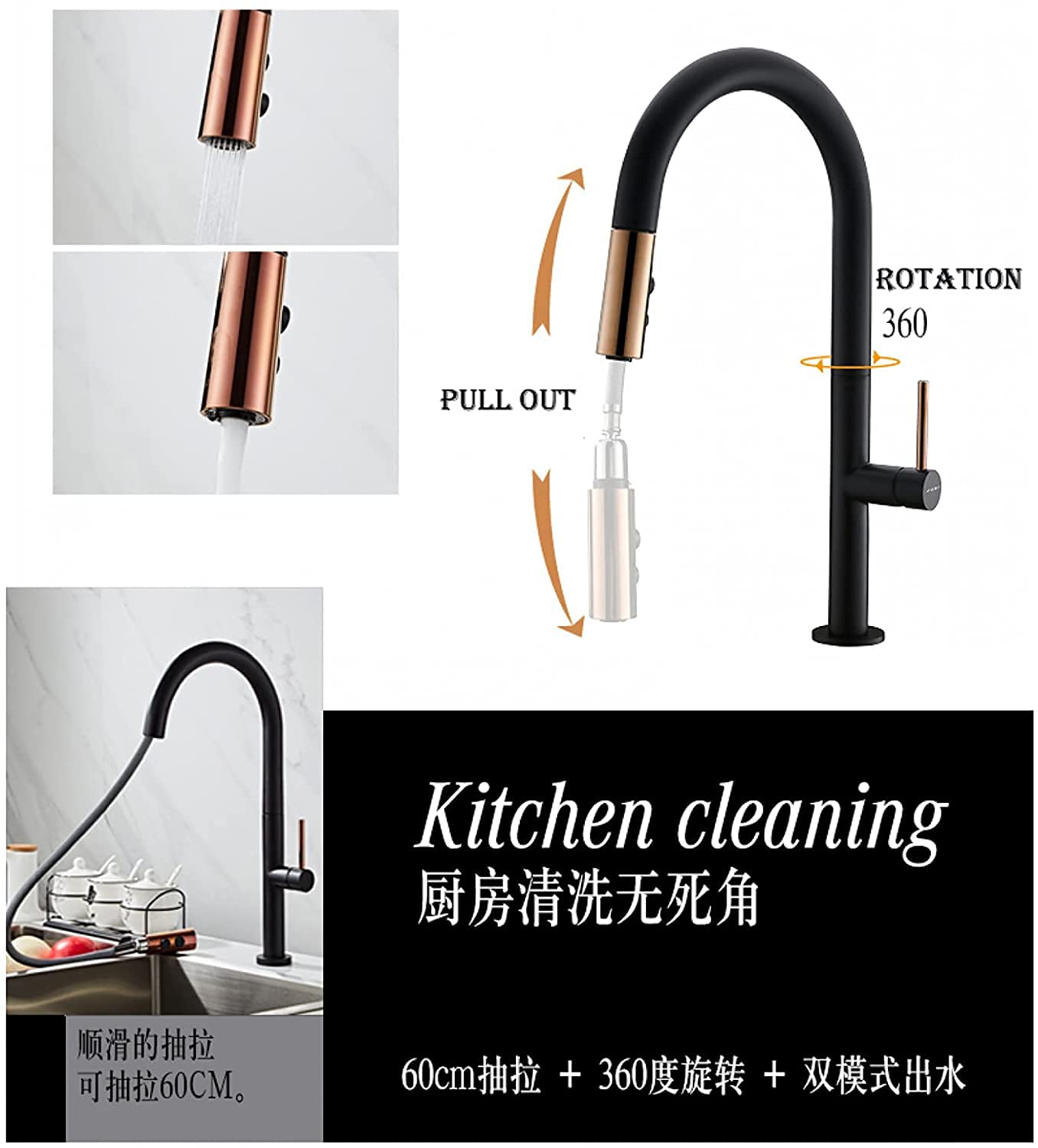 Grifos, Grifo de Cocina, Grifo de Fregadero de 360 Grados, Grifo Mezclador de Cocina de Agua fría y Caliente, Grifo Mezclador de Cocina extraíble, Negro