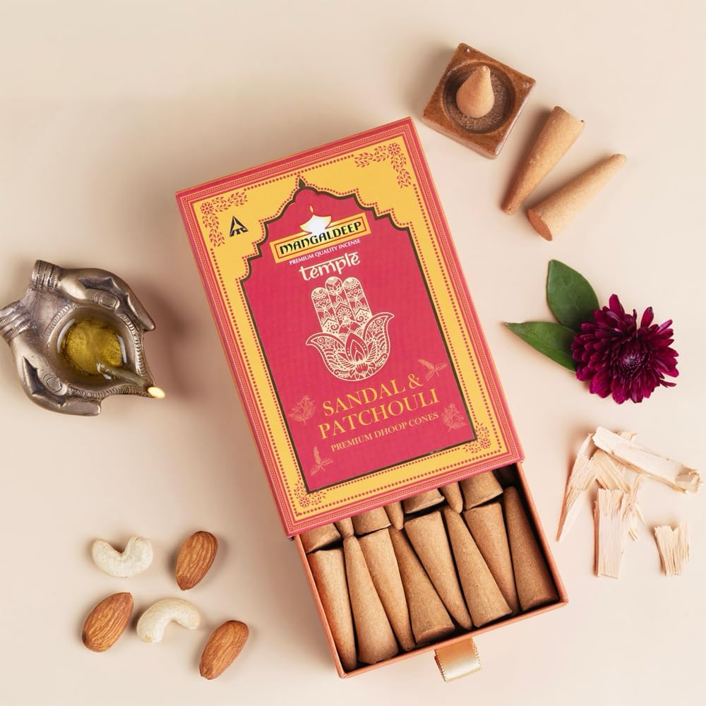 Mangaldeep Temple Premium Bambooless Dhoop Cones - Sandal & Patchouli - Ceramic Stand Inside - Charcoal Free (40 Cones)
