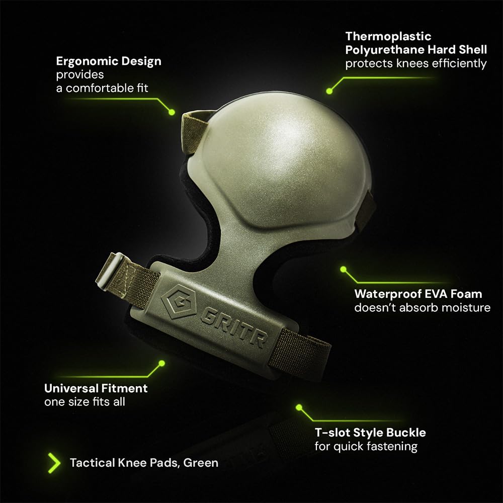 GRITR Rodilleras tácticas para hombres y mujeres con acolchado de espuma, correas ajustables y hebillas antideslizantes, protectores de rodilla profesionales resistentes para el trabajo y deportes
