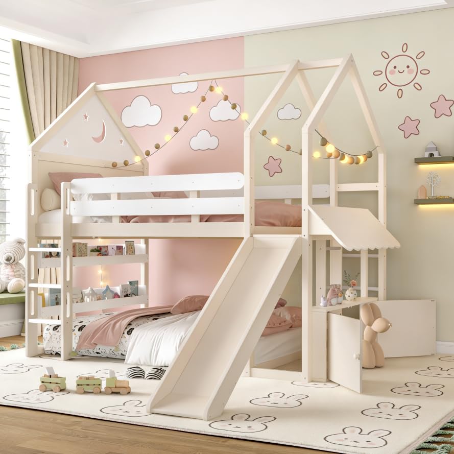 Image of Bellemave Bunk beds Full Over Full with Slide and Stair and Bookshelf Playful Design, Low bunk /loft Bed for Kids，Beige