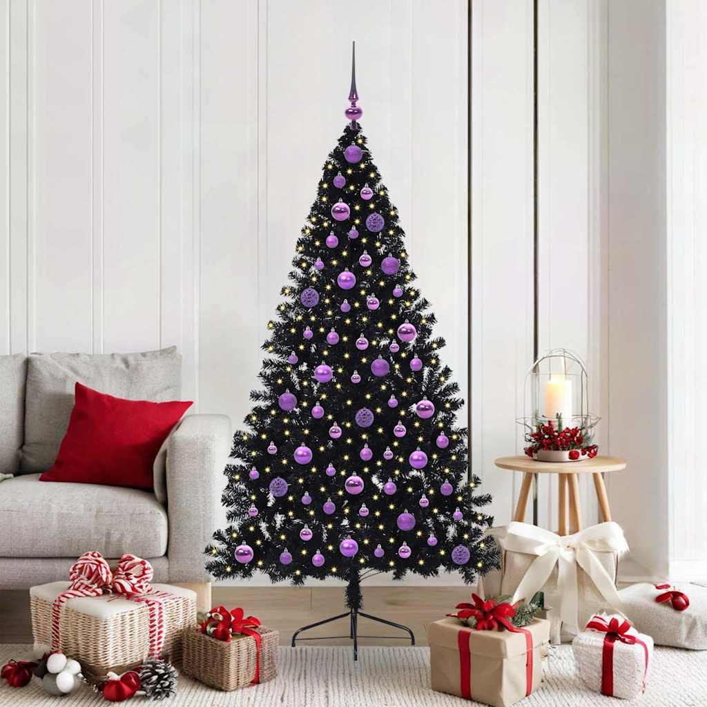 Albero di Natale artificiale nero, 180 cm, con 300 luci a LED bianco caldo, a forma di cono in PVC, per interni ed esterni protetti, con supporto, punta e decorazioni per albero
