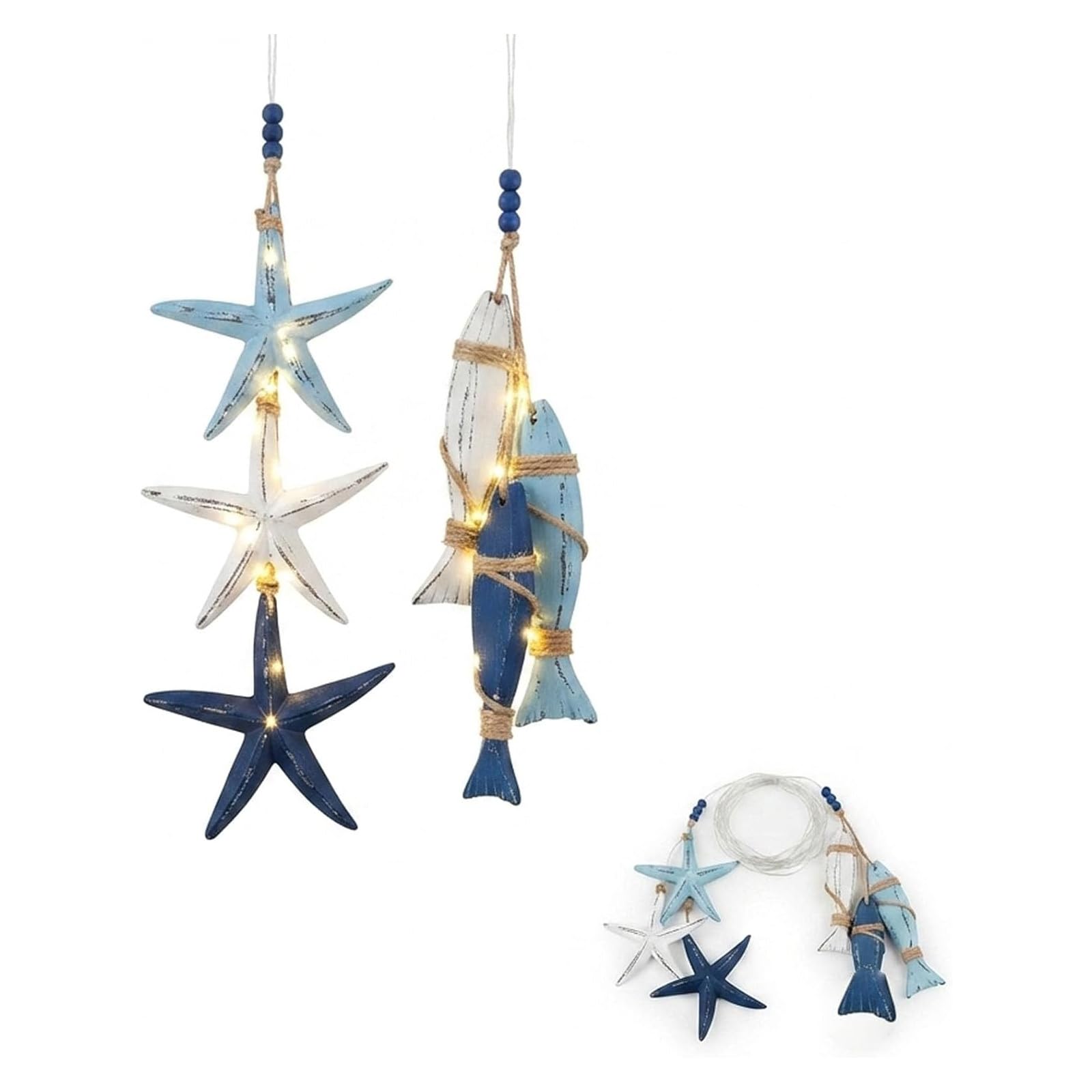 HOUKUNKA Lighted Coastal Wooden Starfish & Fish Hanging Decor, Lighted Wooden Fish & Starfish Wall Decor – Beachy Wall Decors with Warm LED, Coastal Nautical Hanging Decors (#A+#B)