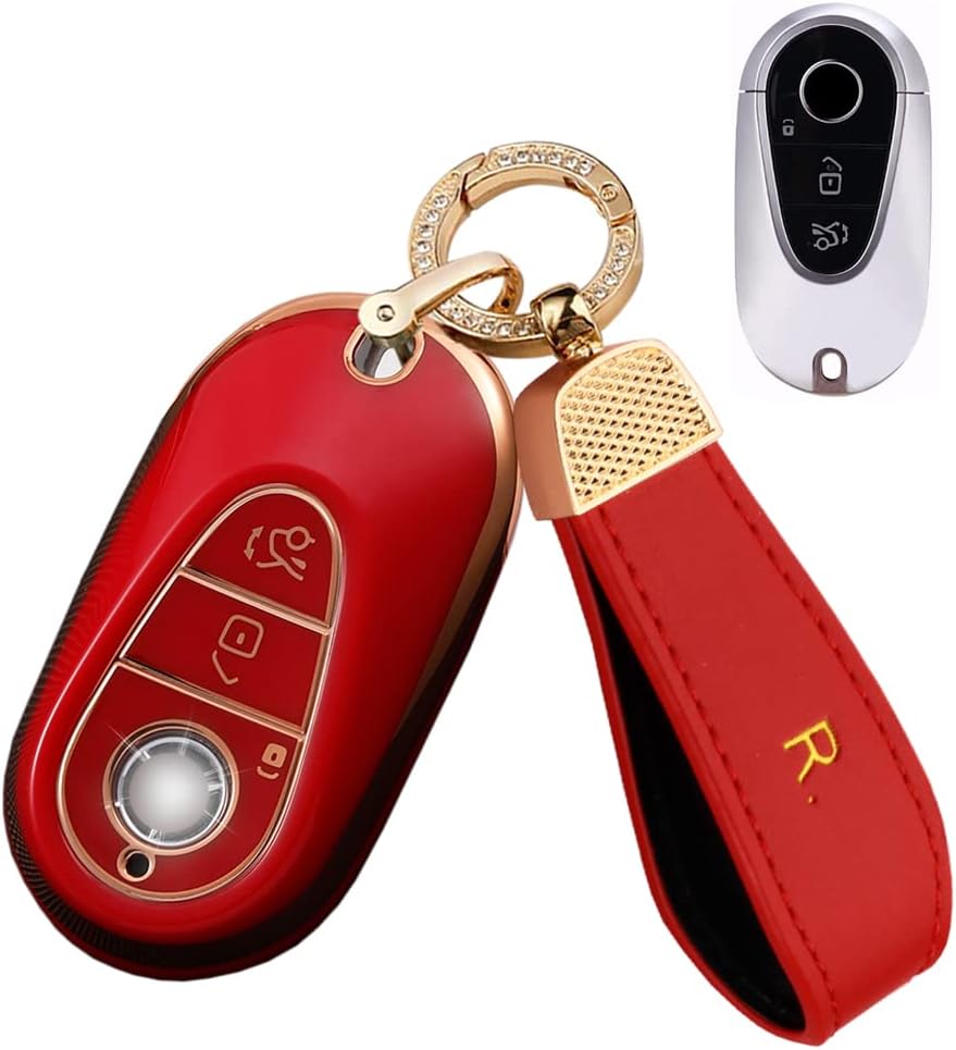 SANRILY Full Protection Soft TPU Golden-Edge Smart Key Cover for Mercedes Benz S-Class W223/New S580, G-Class E-Class 2022 2021 Keyless Mercedes Key Fob Cover with Leather Keychain Red