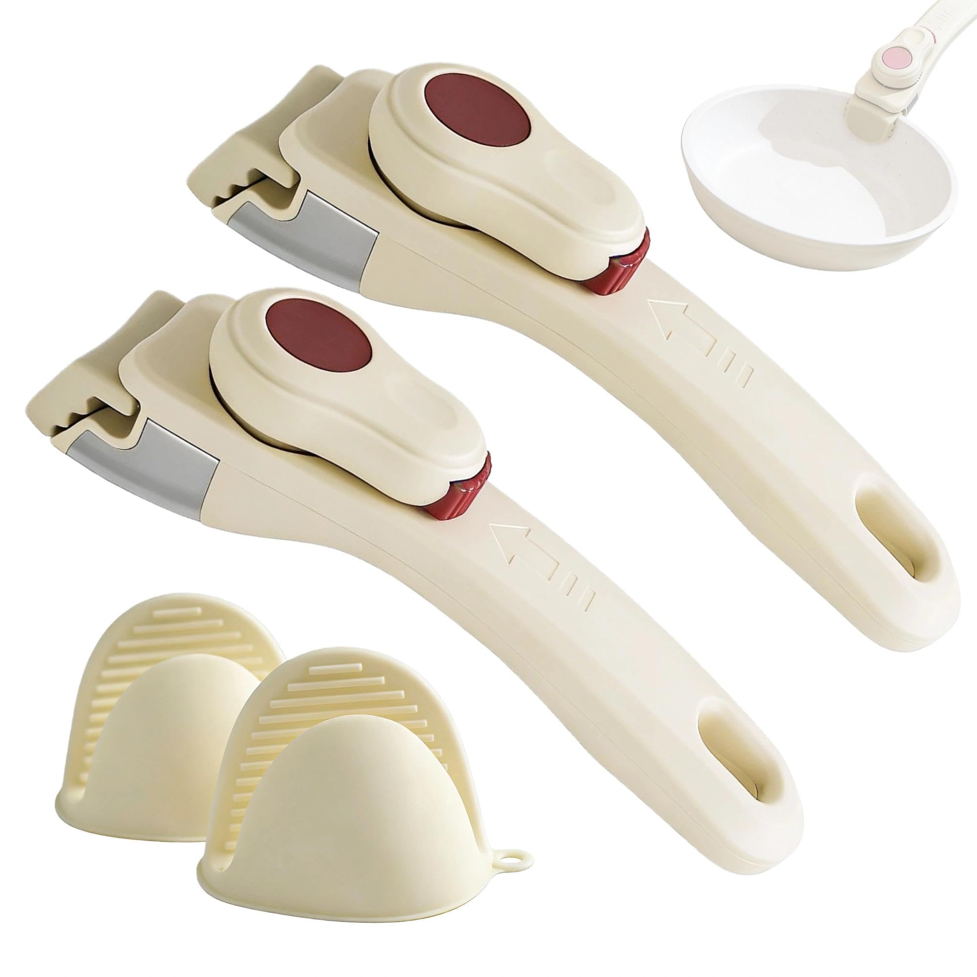 2 abnehmbare Topfgriffe, cremefarben, beige, mit 2 Silikon-Ofenhandschuhen, Topfgriffe, Ersatz, geeignet für alle Kochgeschirr
