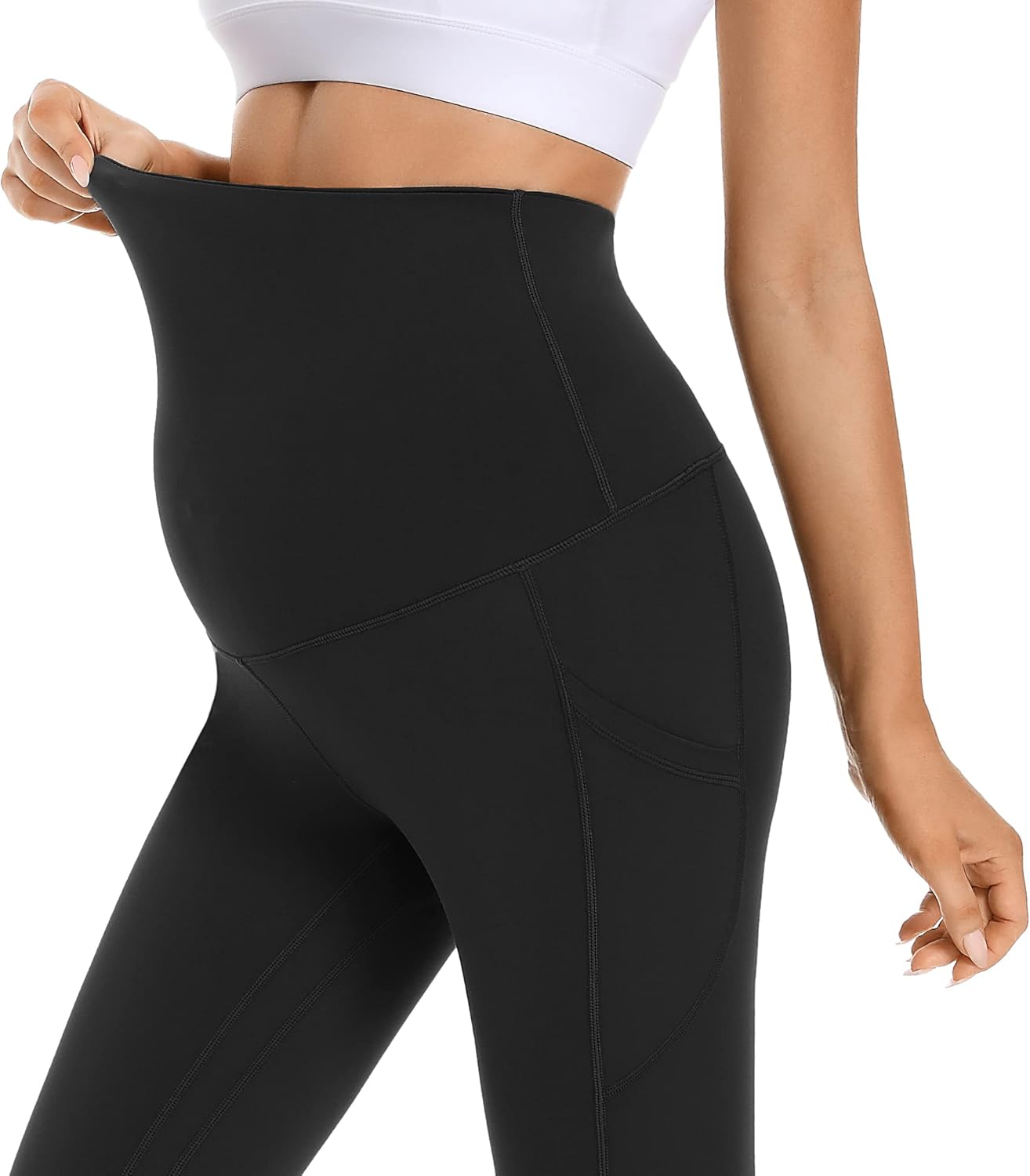 Foucome Women's Maternity Fleece Lined Leggings with Pockets Over The Belly Pregnancy Winter Warm Workout Yoga Pants - Image 2