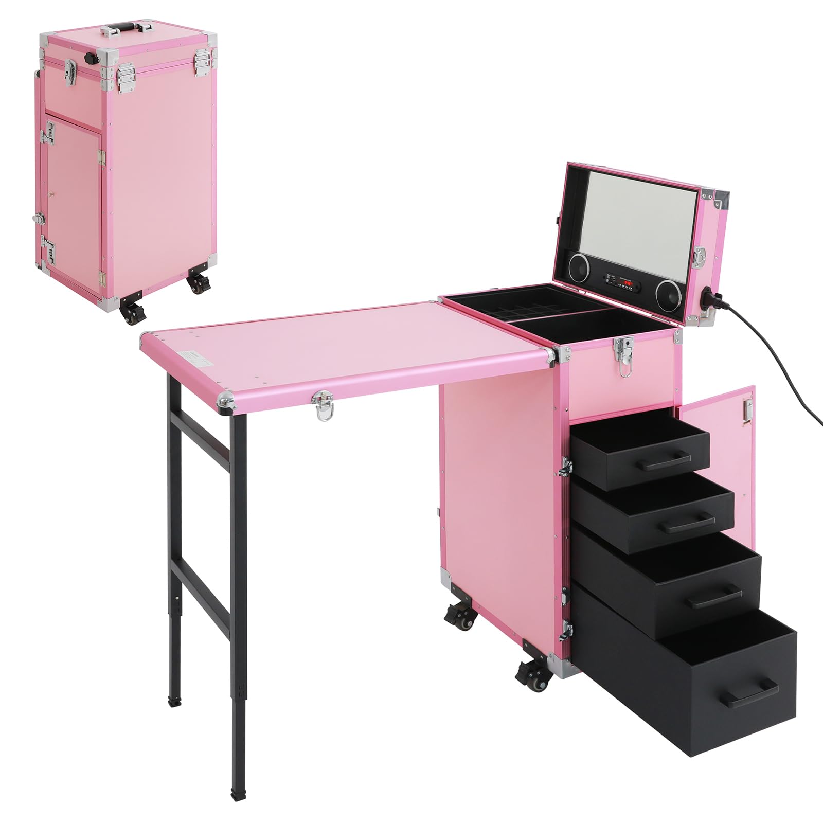 Carro de cosméticos con mesa y 4 cajones, plegable, mesa de manicura, caja de uñas profesional con 4 ruedas, para técnicos domésticos, spa, salón de belleza, lugar de trabajo (rosa)