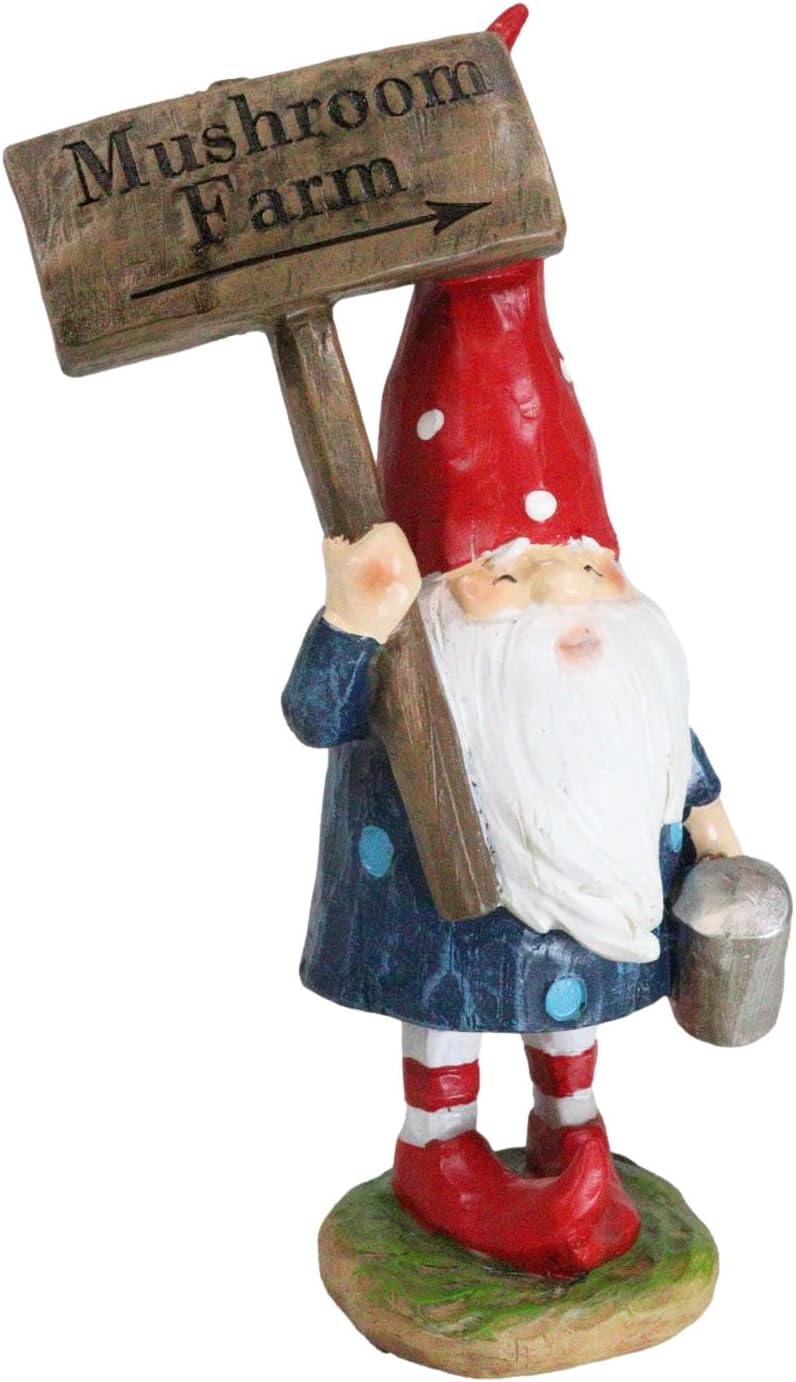 Ebros Gift Whimsical Garden Mr Gnome Wearing Tall Red Mushroom Hat with Hammer and Mushroom Farm Plank Sign Figurine 7" Tall Gnomes Home Decor Sculpture