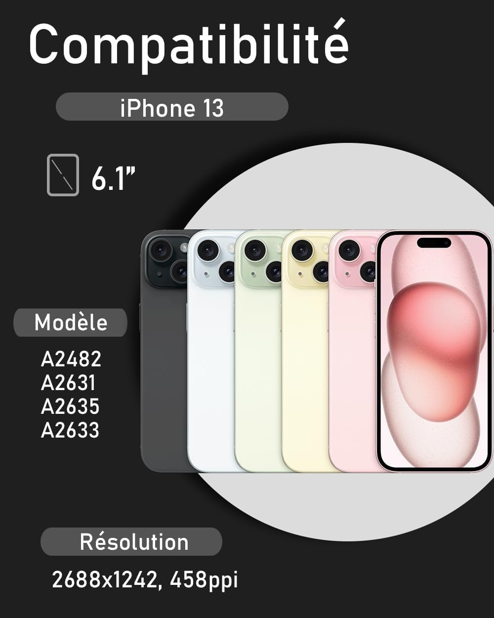 bokman Écran pour iPhone 13, 6,1" LCD de Remplacement kit de réparation | FHD LCD tactile, outils, joint adhésif et protecteur inclus, True Tone après programmation, A2482/A2631/A2633/A2634/A2635