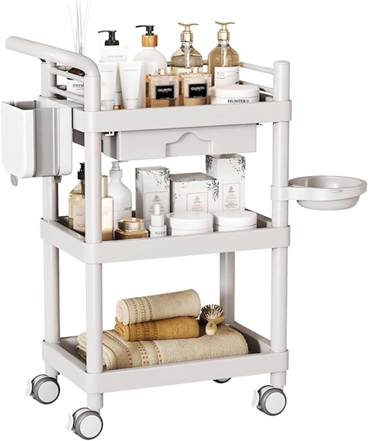 SSDDLZEQ Mobile Salon Station, Salon Trolley 3 Tier Salon Cart Load 330 Lbs Salon Trolley Cart With Dirt Bucket Trolley Cart Large Drawer Salon Rolling Cart(White)