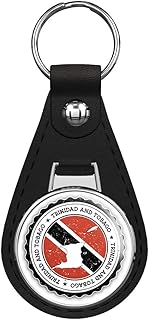 Trinidad And Tobago Grunge Map Flag Stamp Keychain Black Premium Leather Key Chain with Key Ring