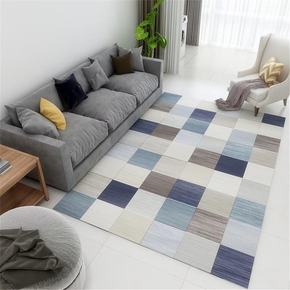 Tapis salon bleu 140x200cm lavable et tapis extérieur balcon anti-poussière motif moderne