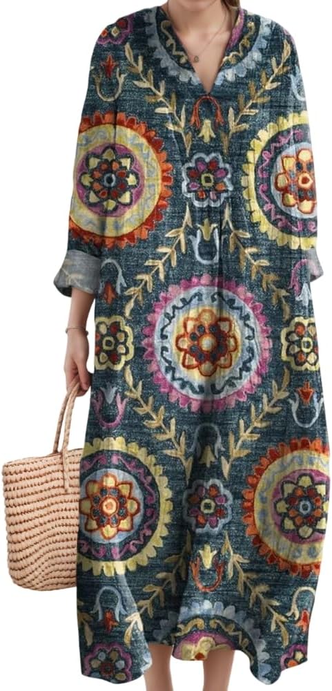 Akivide Women's V Neck Boho Floral Linen Maxi Dress Casual Plus Size Long Sleeve Beach Vacation Tunic Dresses with Pockets