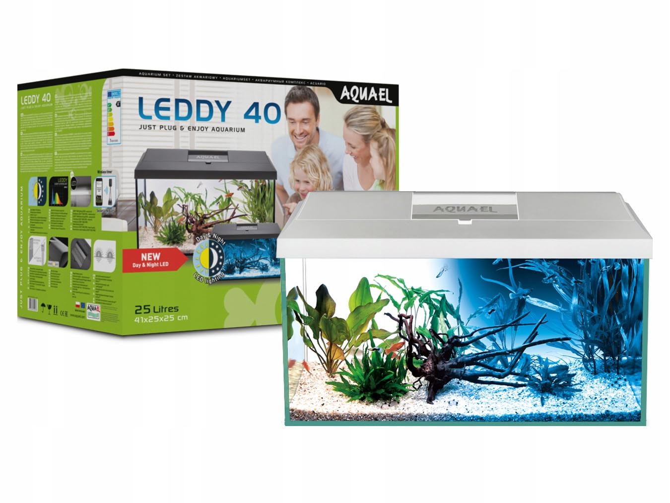 Aquael Leddy Day & Night 40 Zestaw Akwariowy, Biały, 25L, 40x25x25cm, LED 7W, Filtr, Grzałka 50W