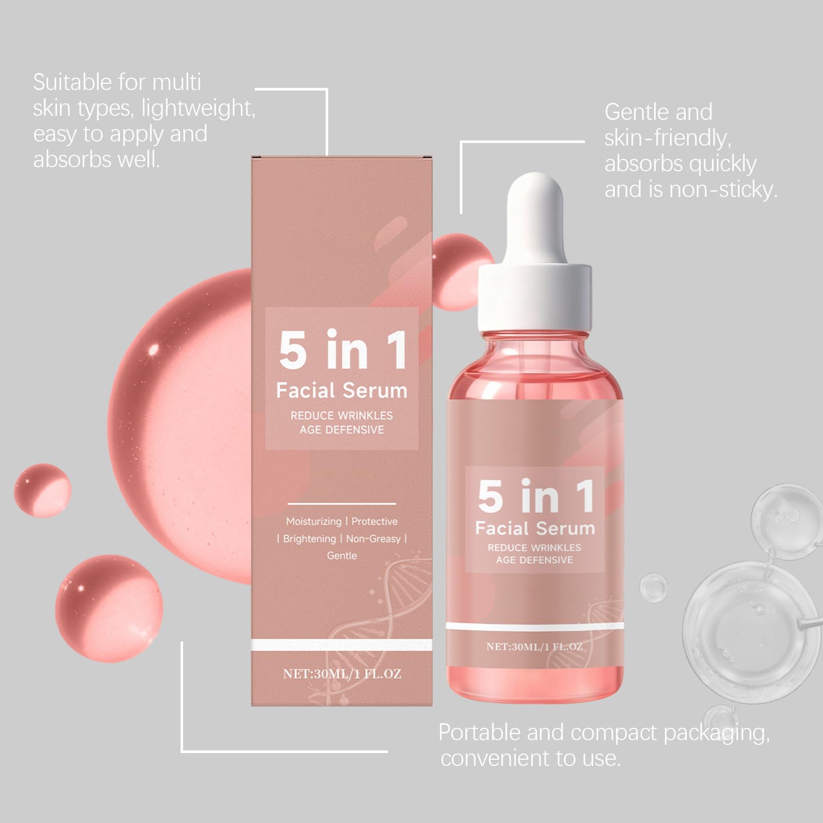 Serum do twarzy 5 w 1 z witaminą C: serum rozjaśniające, nawilżające i ujędrniające. Redukuje drobne linie, zmarszczki i przebarwienia. Delikatnie nawilża (8 szt.)