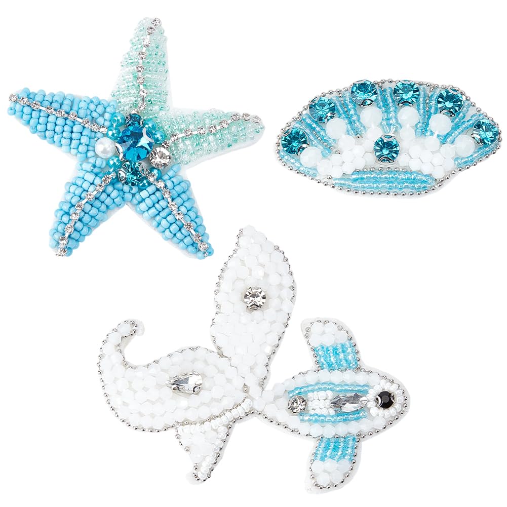 GORGECRAFT 1 Box 3Pcs 3 Styles Sea Animal Patches Pearl Ocean Starfish Shell Fish Rhinestone Beaded Applique Embellishments Beach Sew on Embroidered Patch for Clothes Jeans Dress Shirt Repair Decor