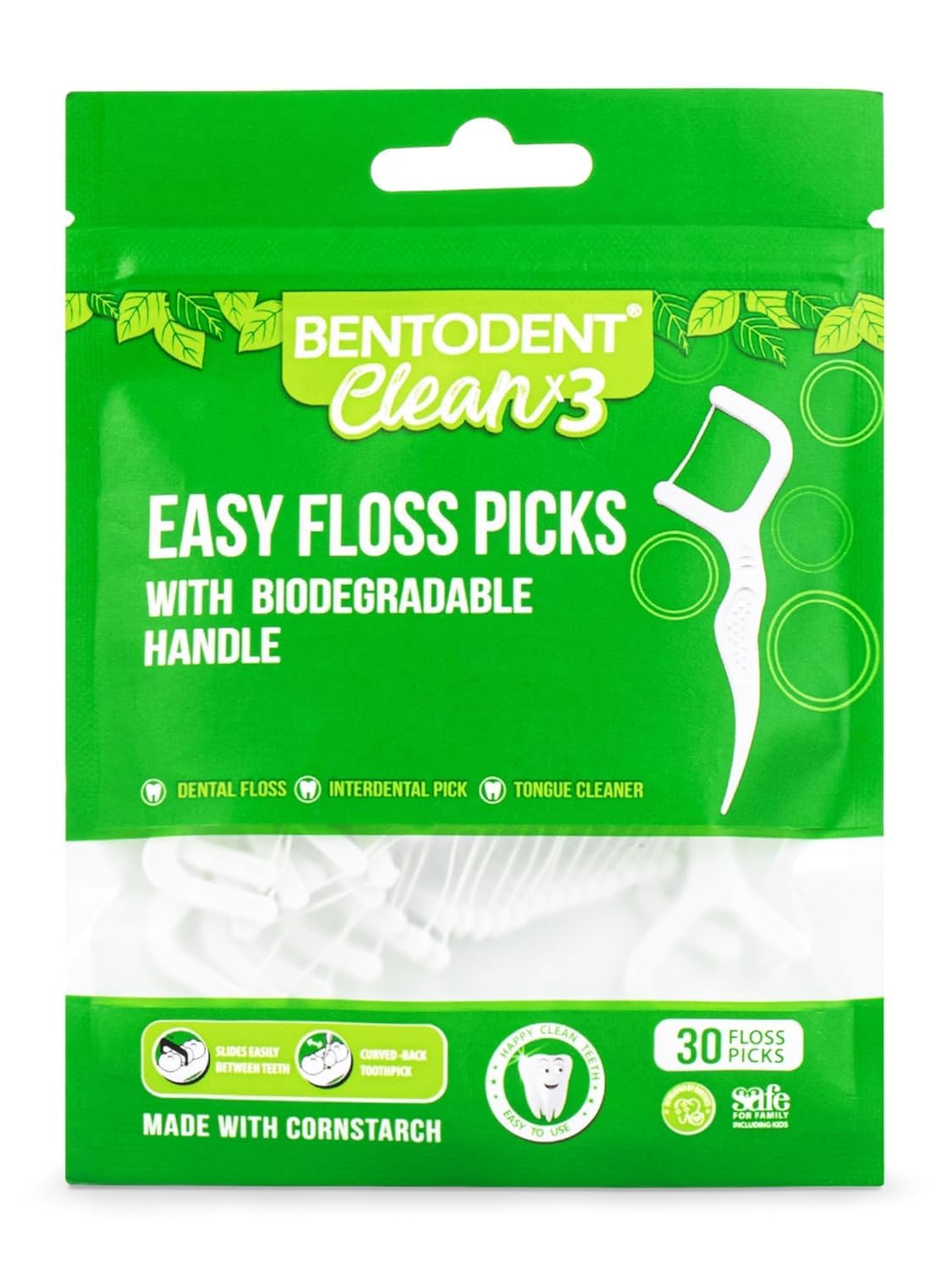 Bentodent Toothpaste Biodegradable Dental Floss Picks- 30 Pcs Triple Cleaning Action