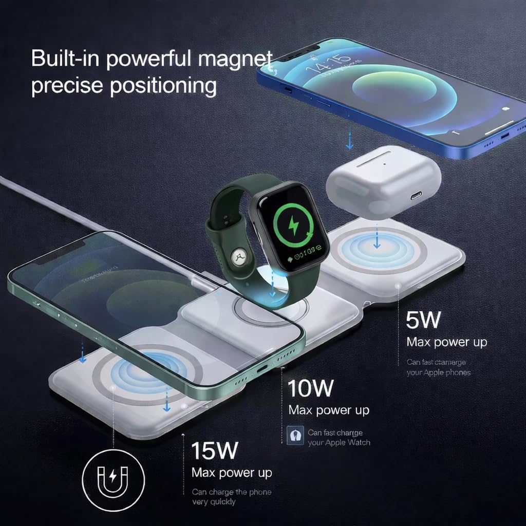 3 in 1 Magnetic Charging Station, Foldable MagSafe-Compatible Charging Stand for iPhone 16 15 14 13 12 Series, Apple Watch & AirPods, USB-C Powered Charging Dock