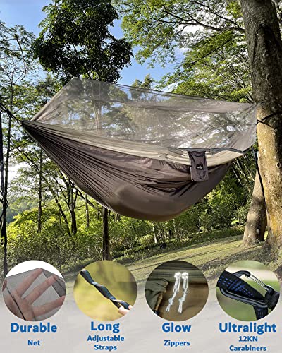 Image of Sunyear Camping Hammock, Portable Single & Double Hammock with Net, 2 Person Hammock Tent with 2 * 10ft Straps, Best for Outdoor Hiking Survival Travel