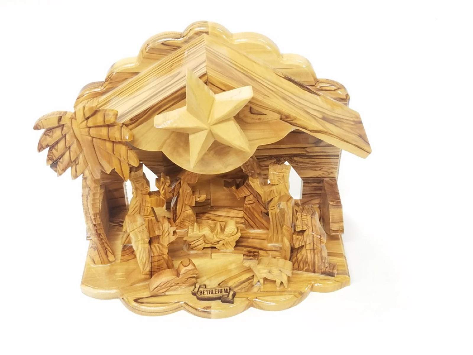 Handgeschnitztes Bethlehem Olivenholz Miniatur Krippe Set mit Stall 12 Stück (15,2 cm Musikstall)