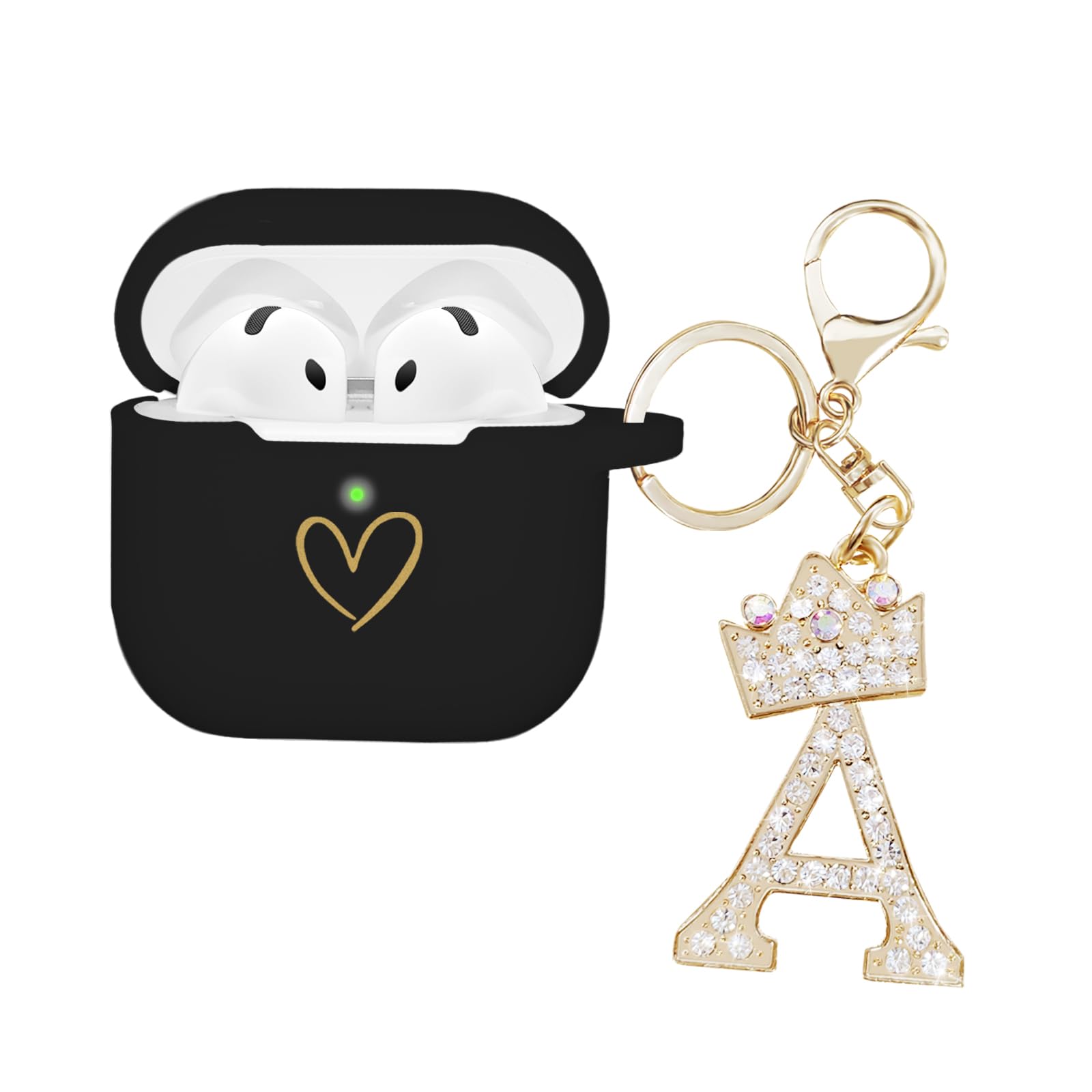 Compatible with AirPods 4 Cover 2024, Soft Silicone Case With Gold Heart Pattern for 4th Generation, Rhinestone Studded Letter A-Z Keychain (A Black)
