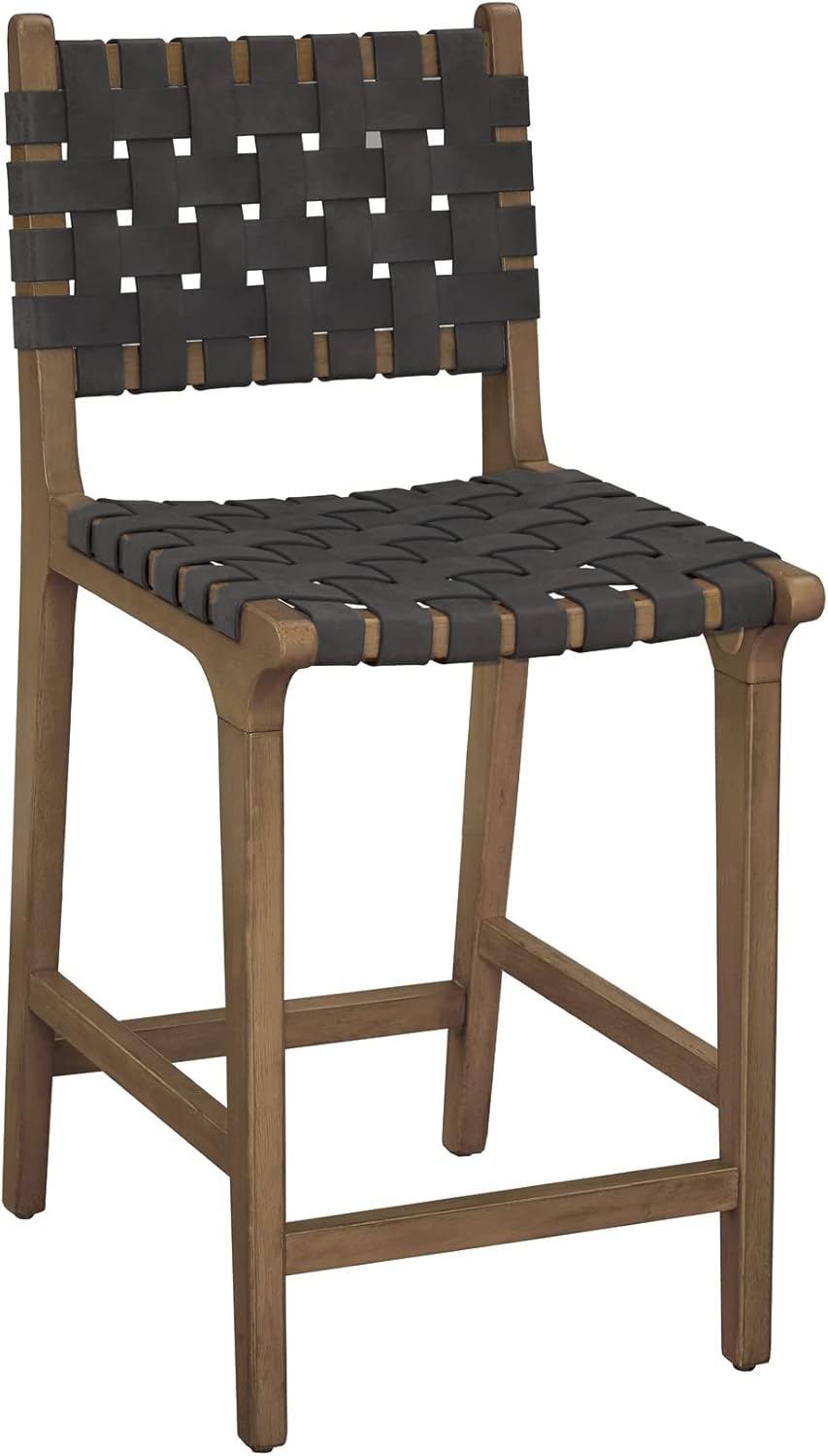 Ball & Cast Faux Leather Woven Counter Stool Kitchen Island Wooden Bar Stools, 24 inch Seat Height, Dark Gray