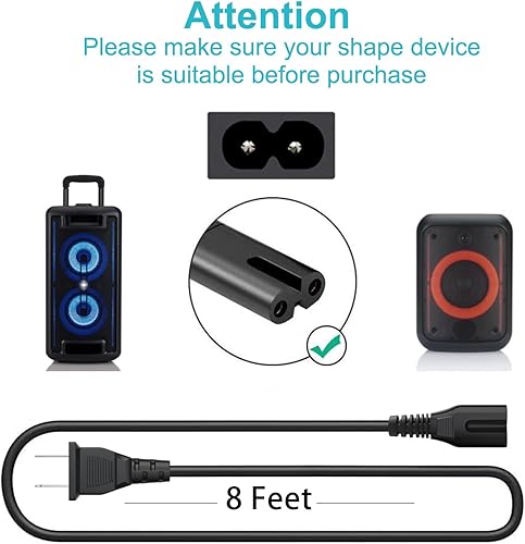 Miniatura 8 de Paquete de 2 cables de alimentación de CA de 2 clavijas para ONN. 100008736, JBL PartyBox 100 200 300 1000 310 710 1000 Altavoz Bluetooth On-The-Go,