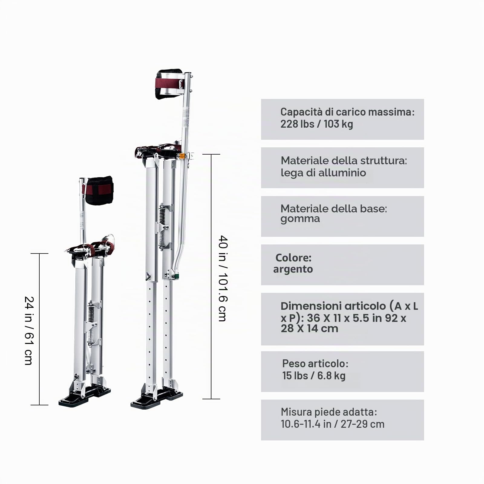 VEVOR Trampoli in Alluminio per Edilizia Altezza Regolabile 61-101,6 cm Misura di Piedi 27-29 cm, Trampoli in Alluminio per Lavori Interni Esterni Cartongessisti Muratori Pittori Spettacoli in Costume