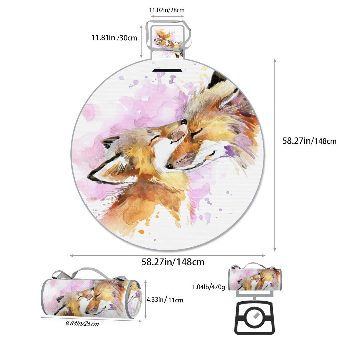 Shimoshe Watercolor Fox Picnic Outdoor Blanket Foldable Waterproof Sandproof Beach Blanket Portable Water-Resistant Round Picnic Mat for Travel Camping Park Lawn