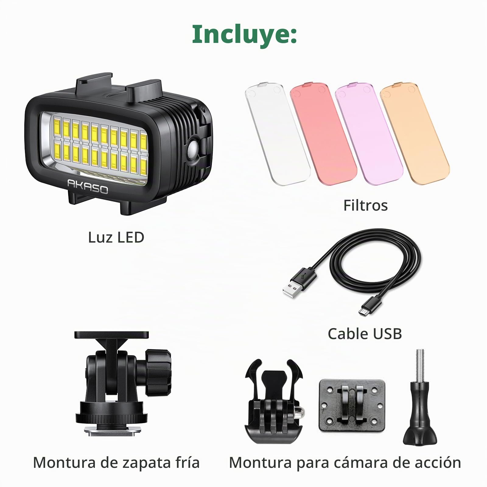 AKASO Luz subacuática de 131 pies (40 m) Luz de buceo impermeable de alta potencia regulable LED luz de video con soporte de zapata fría y 4 filtros de color para cámaras de acción Gopro/AKASO y