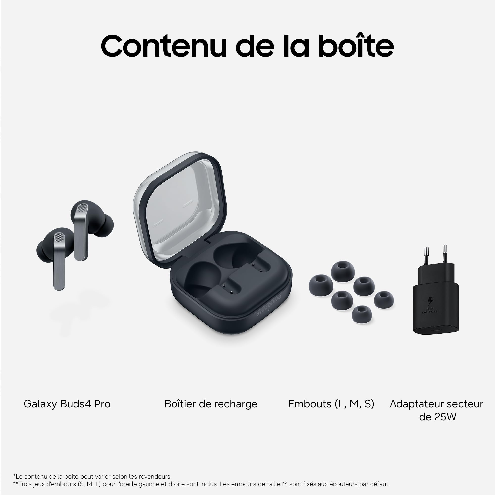 Samsung Galaxy Buds4 Pro, Écouteurs Bluetooth sans Fil, Son Hi-FI de qualité Studio, Double Haut-Parleur, Appels Ultra clairs, Audio 360, Réduction de Bruit Adaptative, Chargeur Secteur Inclus, Noir