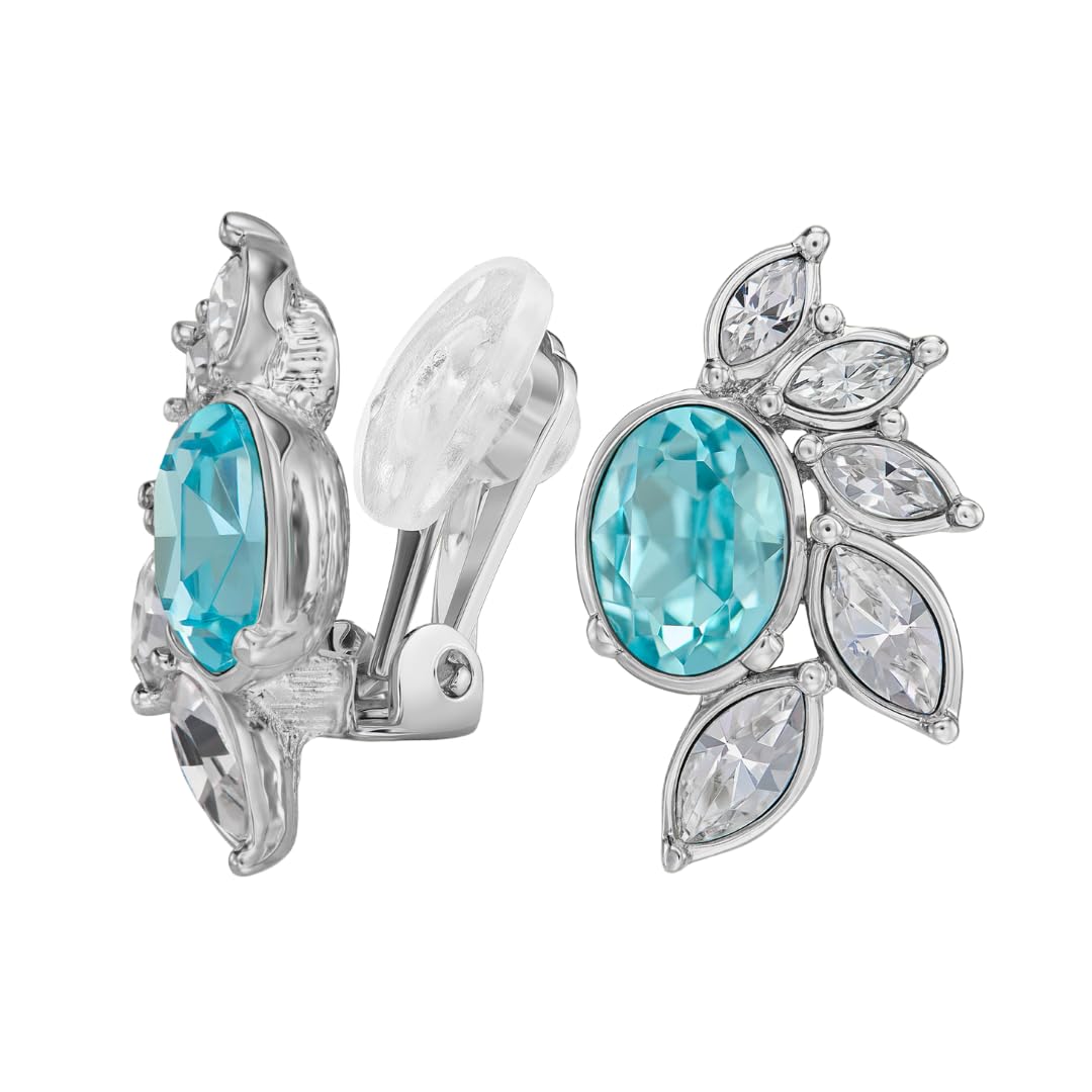 Traveller Ohrclip - Damen - Silberfarben - Kristalle - Hell Blau/Aqua Bohemica - Platiniert - Halbe Blume - 20 x 12 mm - 157781