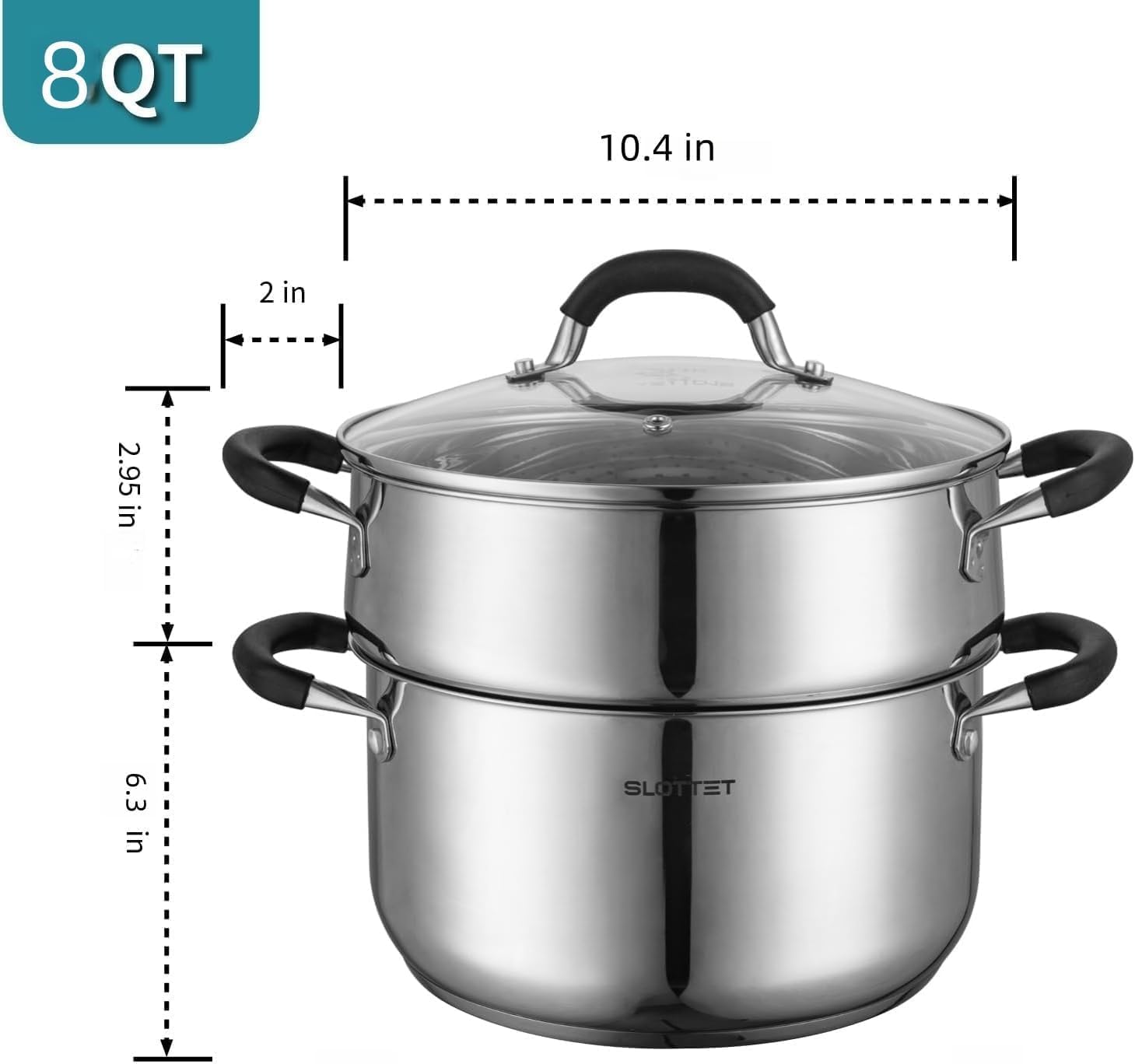 Stainless Steel 8 Quart Stock Pot with Steamer,8 Qt Deep Soup Pot for cooking,Multipurpose Stockpot with silicone Stay-cool Handle.Dishwasher and Oven Safe,Induction Stainless Steel Cookware