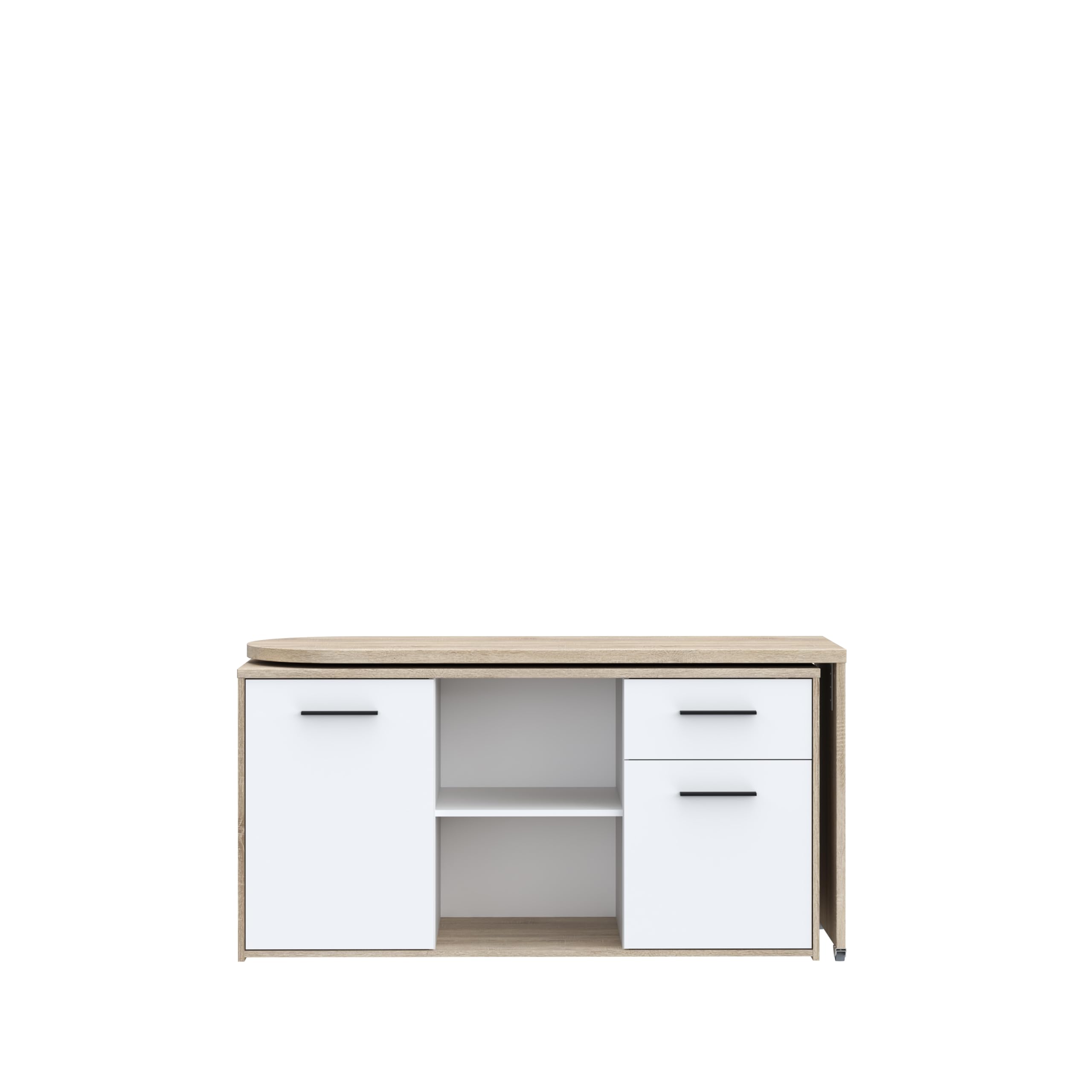 Forte ALIKLIA Schreibtisch 140 150, moderner Schreibtisch mit 1 Schublade und 1 Tür, Computertisch, Home Office, Holzwerkstoff, Weiß/Sonoma Eiche Holzdekor, 144 cm breit x 74,1 cm hoch x 50 cm tief
