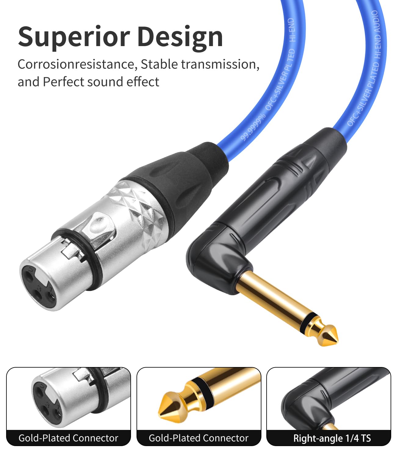 2Pack XLR Female to 1/4 TS Right Angle,6.35mm Mono 1/4 TS Right Angle to 3Pin XLR Female Audio Cable,20AWG 6N OFC+Silver Plated HI-END Audio Cable-6Feet
