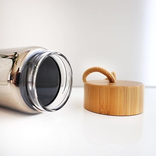Miniatura 6 de Beille Botella de agua de vidrio de borosilicato cromado plateado, sin BPA, con tapa de bambú, hidratación, salud y belleza, 23 onzas